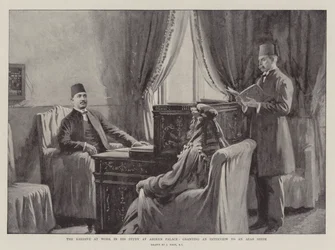 Der Khedive bei der Arbeit in seinem Arbeitszimmer im Abdeen-Palast, ein Interview mit einem arabischen Scheich gewährend